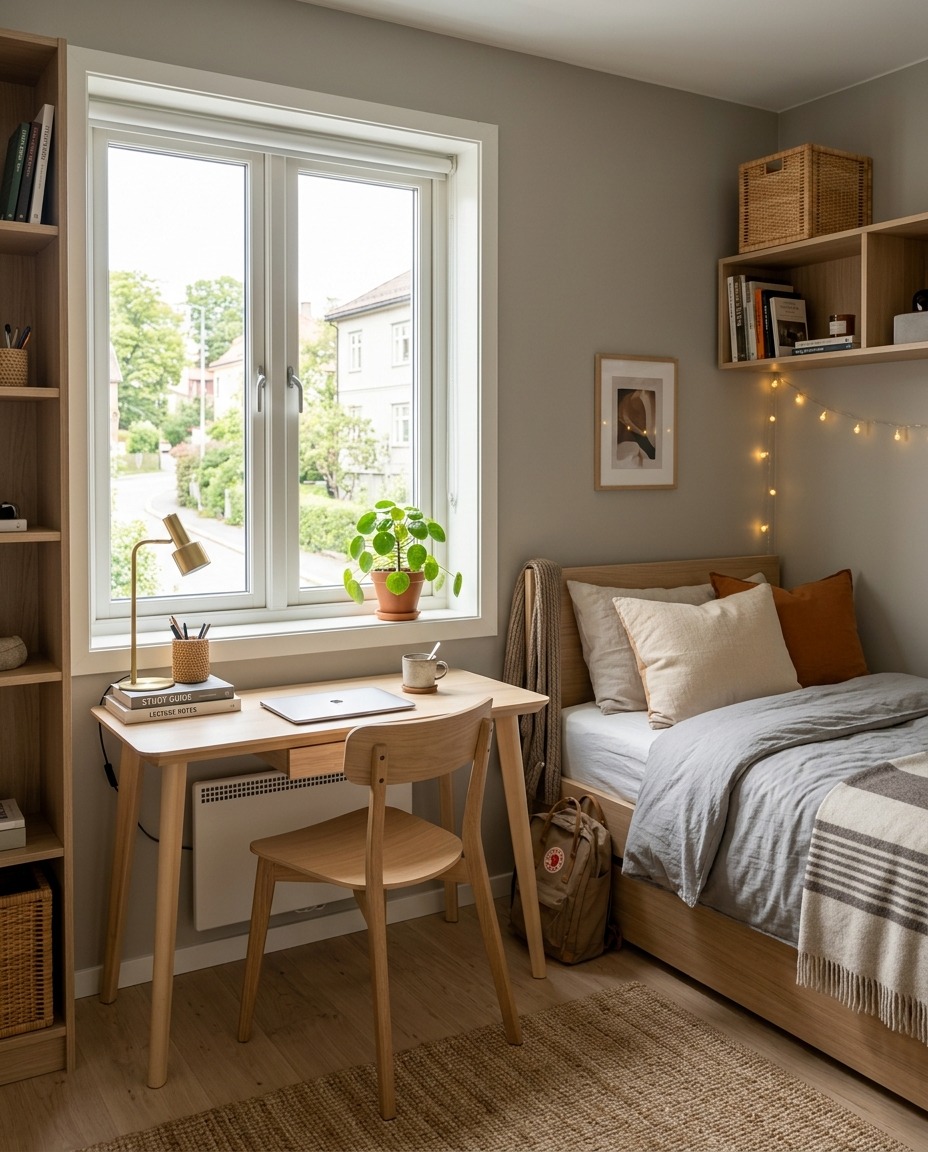 Möbliertes Zimmer mit Schreibtisch für Studierende